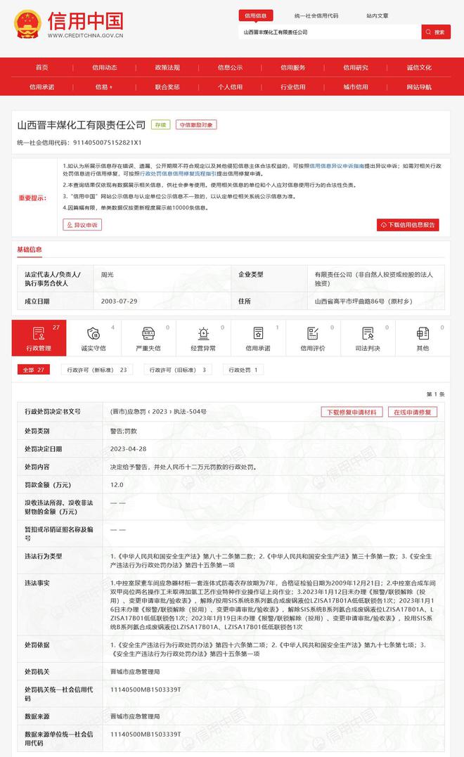 晋丰煤化工液氨泄漏致2人死亡:曾因尿素车间防毒衣过期等被罚(图1) 晋丰煤化工液氨泄漏致2人死亡:曾因尿素车间防毒衣过期等被罚(图1)