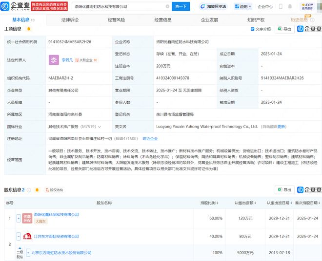 东方雨虹等在洛阳投资成立防水科技公司(图1)